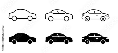 Car icon set in simple outline style Automobile vehicle transport sign Modern flat vector illustration Symbol used for car rent taxi service delivery Collection of different models