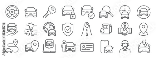 Car insurance and auto service vector icons set in outline style various signs of safety protection and assistance representing transportation and automobile coverage