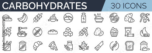 Carbohydrates Icon Set Collection of Food with Carbohydrates for Healthy Eating and Dieting Line Art Style Isolated on White Background Flat Vector Illustration 200 Characters