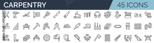 Carpentry Tools and Equipment Outline Icon Set for Woodworking and Construction Projects Featuring Hand Tools Power Tools and Safety Gear in Crafting and Home Improvement