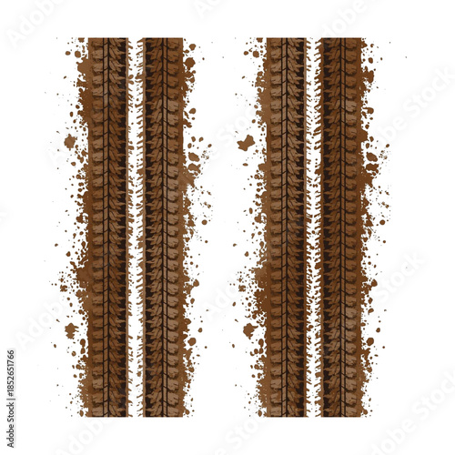 An illustration of two parallel muddy tire tracks with splatters of dirt and grime. The tracks show a deep tread pattern and are isolated on a clean white background.