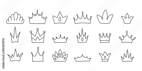 Sketchy crown collection in simple line art style. Minimal crown doodles. Playful outline girly shapes. Ideal for nursery prints, fairy tales, badges, planners, handmade design, stickers