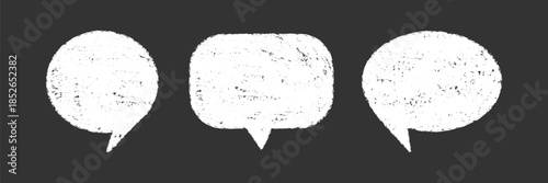 White text balloon set with rough crayon chalk texture. Speech bubble. Ideal for messaging, quote, marketing visual, editorial illustration, poster, social media, retro collage design, education
