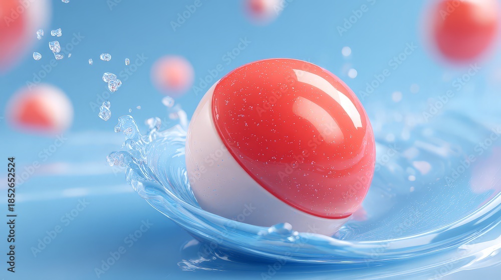 Fototapeta premium A bright sphere on a surface is surrounded by a dynamic splash of icy cold water or crushed ice.