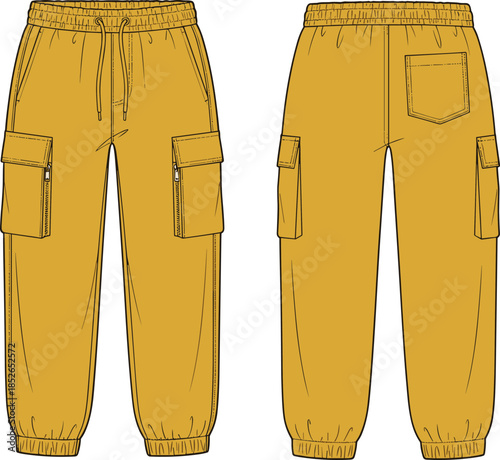 Men cargo jogger pants technical drawing, front back views, utility pocket trousers apparel outline vector illustration
