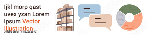Business communication, warehouse management, data analysis, logistics, inventory tracking, visual content creation. Storage shelves, speech bubbles pie chart. Business communication and warehouse