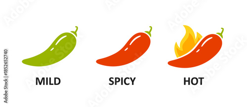 Chili pepper heat level icons, mild spicy and hot red peppers with flame, various levels of spiciness for food packaging and menu design