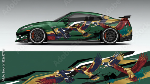 A green sports car with a custom vinyl wrap featuring flying eagles and abstract patterns.