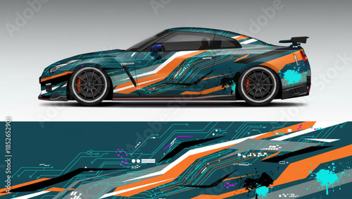 Futuristic teal and orange abstract graphic car wrap design on a sports coupe, showcasing a modern vehicle livery.