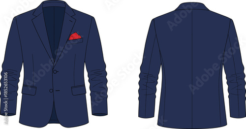 Men formal blazer jacket front and back view, navy suit apparel mockup, tailored fashion vector illustration design