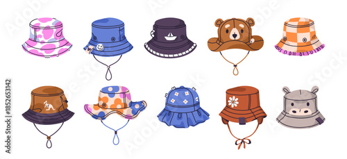 Cute kids' panama or bucket hats set. Funny children's caps with ties. Patterned child headwear for summer. Summertime accessories, clothes. Flat isolated vector illustrations on white background.