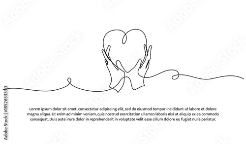 One line of hand holding heart. Abstract minimal continuous line isolated on white background.