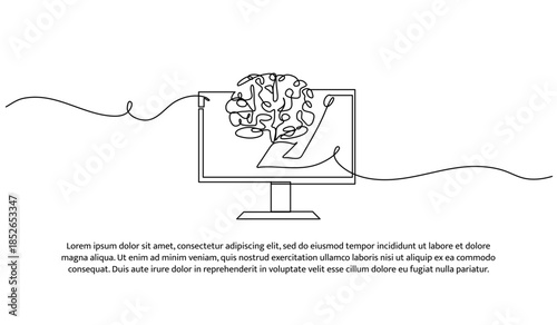 One line of computer and brain. Abstract minimal continuous line isolated on white background.