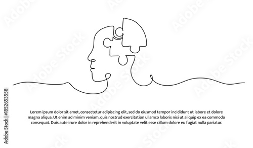One line of head with puzzle mental health. Abstract minimal continuous line isolated on white background.