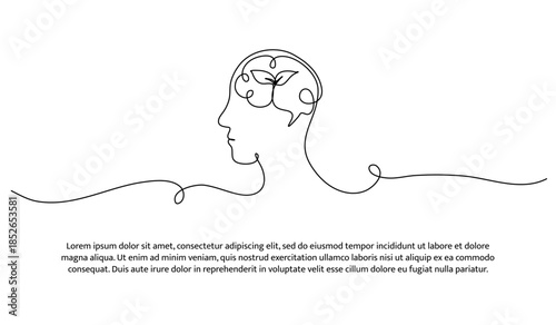 One line of head with brain and leaves. Abstract minimal continuous line isolated on white background.