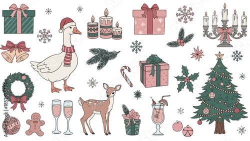 Collection of vintage hand drawn christmas holiday icons isolated on white background