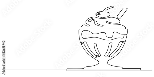 One line drawing of a bowl of ice cream scoops with a spoon, isolated on minimalist continuous line art of dessert continuous one line art of vector illustration