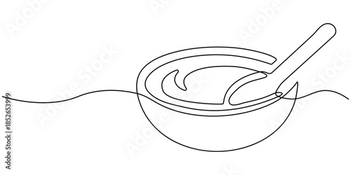 Spoon fork place mat one line drawing continuous, One line art illustration of knife and fork isolated on white background, Hot Soup Bowl continuous one line drawing.