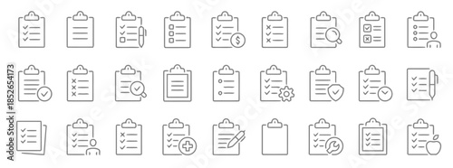 Clipboard Checklist Line Icons Set Survey Questionnaire Task Management Document Test Result Contract Agreement Report Form Data Information Note Pad Paper List Vector