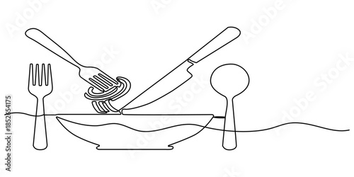 Fork, knife, spoon with plate and chef's cap continuous one line drawing, One single line drawing of chef hat or cap with fork and spoon for restaurant vector graphic illustration. Elegant cafe badge