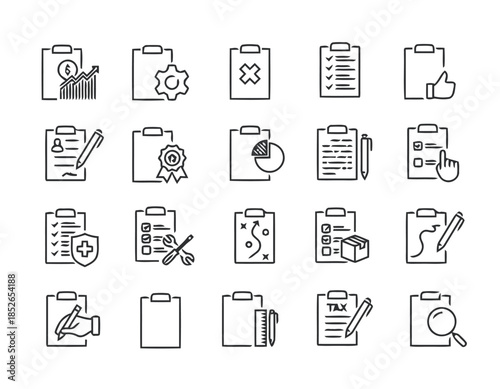 Clipboard and paperwork line icons set vector illustration
