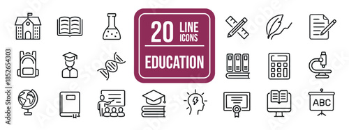 Collection of 20 Line Icons Representing Education and Learning Ideal for School University or Online Courses for Website and App Design Focused on Knowledge and Skill
