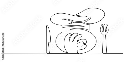 Fork, knife, spoon with plate and chef's cap continuous one line drawing, One single line drawing of chef hat or cap with fork and spoon for restaurant vector graphic illustration. Elegant cafe badge