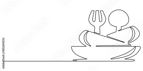 Spoon fork place mat one line drawing continuous, One line art illustration of knife and fork isolated on white background, Hot Soup Bowl continuous one line drawing.