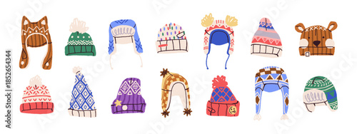 Different winter hats set. Cute kids' and unisex headwear for cold weather. Wool knit up caps with pom poms. Wintertime clothes, accessories. Flat isolated vector illustrations on white background
