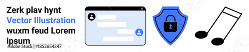 Online communication, data protection, chat technology, cybersecurity, entertainment, music apps. Blue lock shield, chat window music notes displayed. Data protection and online communication