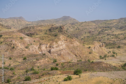 Scenic desert landscape view inside ancient Ranikot fort known as the great wall of Sindh, Jamshoro, Sindh, Pakistan