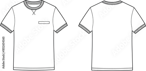 Men pocket t shirt technical drawing, front back views, short sleeve apparel outline vector illustration for fashion design