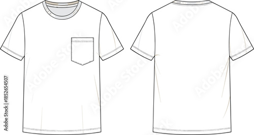 Men pocket t shirt front and back view, short sleeve casual tee design, minimalist fashion vector technical flat sketch