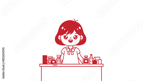 Joyful young person with short hair behind a counter filled with beauty products