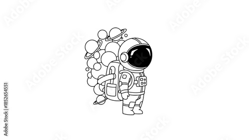 Astronaut carrying a backpack full of planets and stars on a cosmic journey