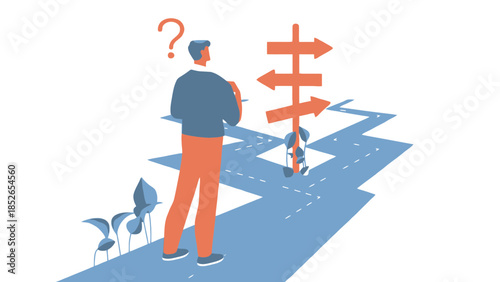Man contemplating multiple diverging paths and uncertain future at a crossroads.