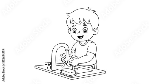Happy child washing hands with soap and water at a sink for hygiene