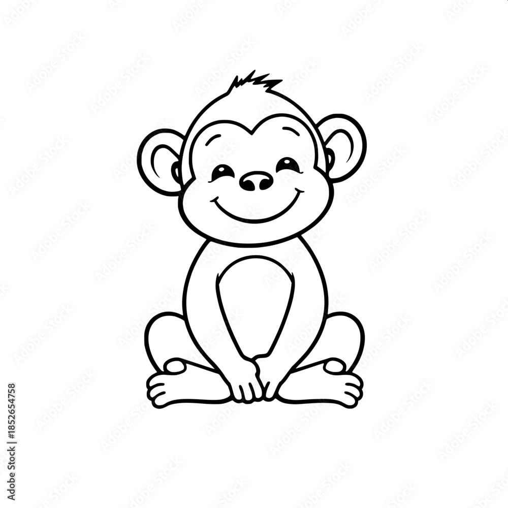 Fototapeta premium A simple cartoon monkey with rounded features and a cheerful expression, sitting cross-legged with its hands placed on its knees, is centered in the frame, drawn with bold black outlines on a clean wh