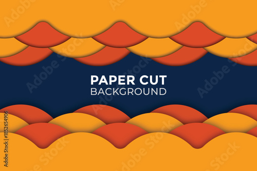 Paper cut background with wavy orange and red layers above dark blue and yellow base text space