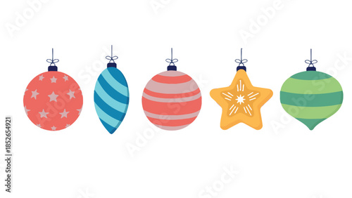 Festive Christmas ornaments hang against a clean white background, ready for holiday decorating