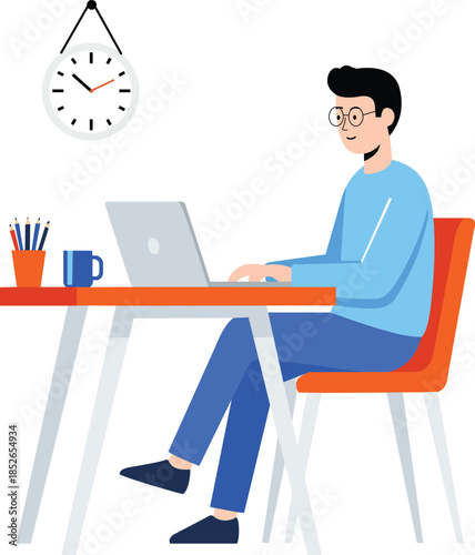 Man sitting at desk working on laptop with clock on wall nearby