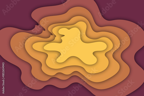 Abstract organic shapes layered in warm earthy tones of orange yellow and brown with deep shadows