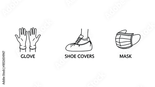 Personal protective equipment icons: gloves, shoe covers, and face mask for safety