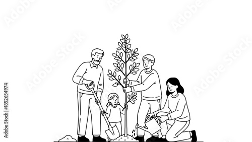 Joyful family planting a tree together outdoors, fostering nature and growth