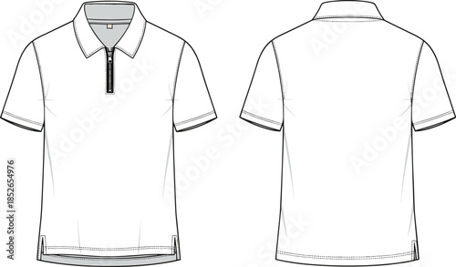 Men polo shirt front and back view, short sleeve zip collar design, minimalist fashion vector technical flat sketch