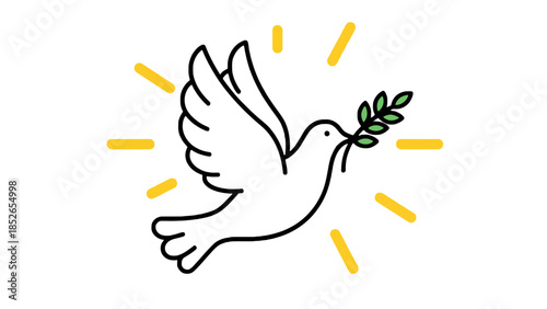 Symbol of peace, a white dove carrying an olive branch with radiant light