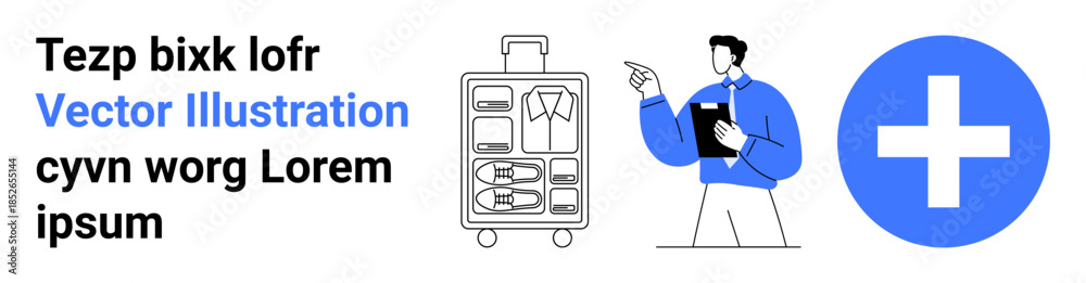 Obraz premium Travel healthcare, business trips, medical tourism, wellness services, corporate preparation, safety measures. Luggage, professional figure medical cross icon. Travel healthcare and business trips