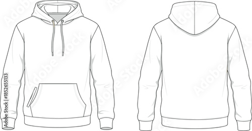Men pullover hoodie technical drawing, front back views, casual sweatshirt apparel outline vector illustration for fashion design
