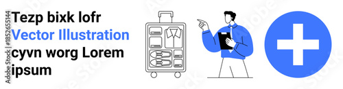 Travel healthcare, business trips, medical tourism, wellness services, corporate preparation, safety measures. Luggage, professional figure medical cross icon. Travel healthcare and business trips