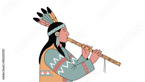 Indigenous person playing a wooden flute with feathered headdress